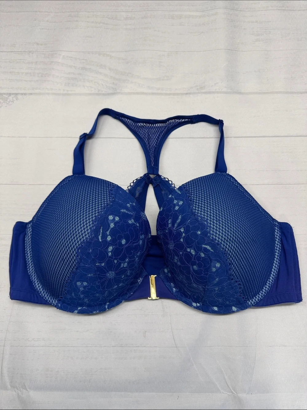 Cacique Intimates Cobalt Blue Floral Lace Front Close Boost Plunge Racerback Bra